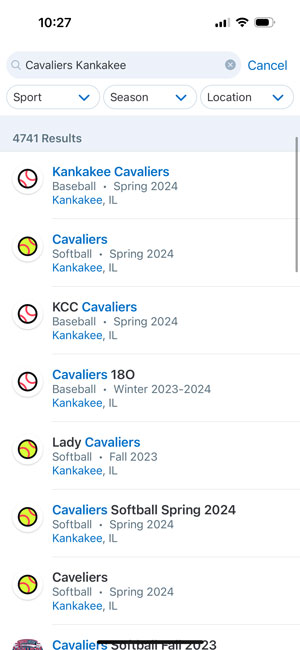 Screenshot 2: Search 'KCC Cavaliers' for baseball and 'Cavaliers Softball Spring 2024'