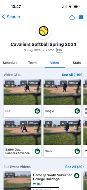 Screenshot 4: Select 'video' - Cavaliers Softball Spring 2024